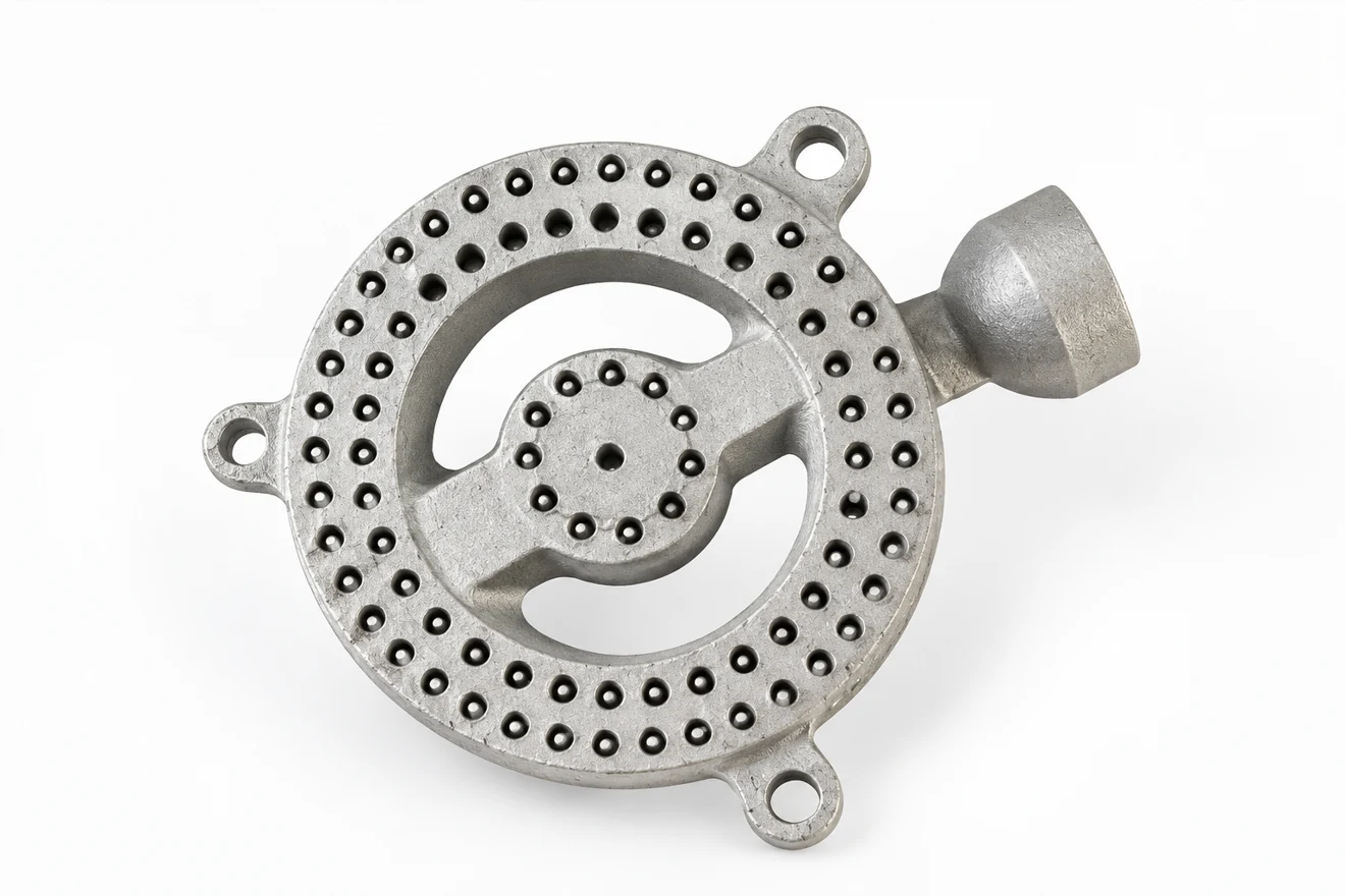 Perforated circular component with a defined fixing pattern.