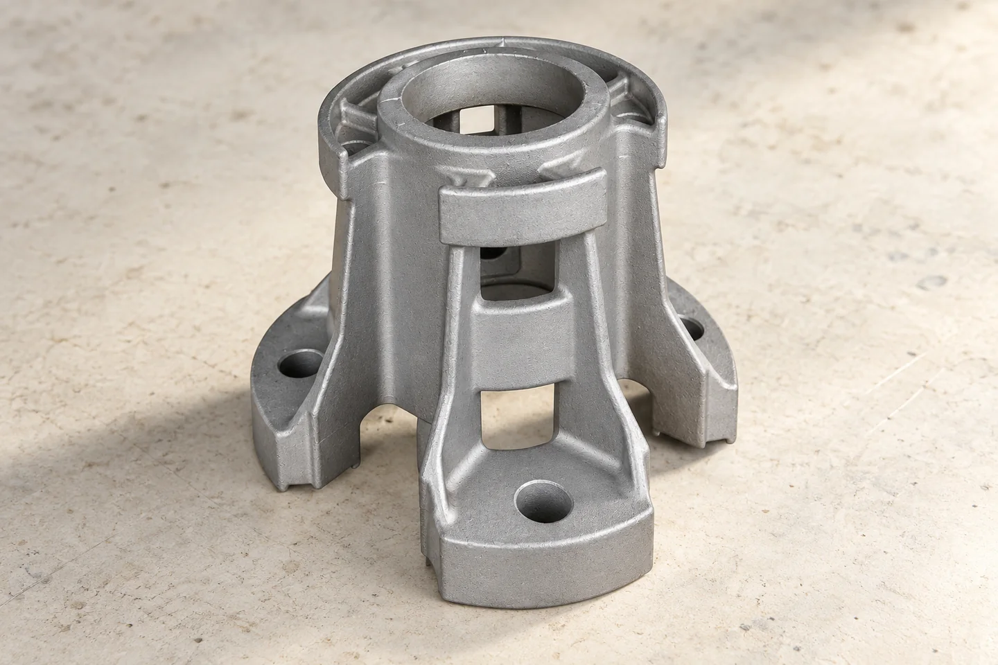 Cylindrical support geometry with windows and a mounting region.