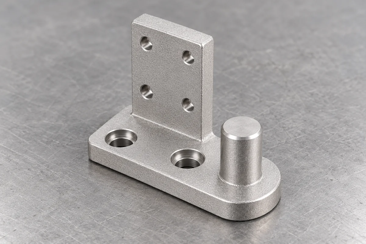 L-shaped mounting bracket with drilled base, upright face and cylindrical locating post