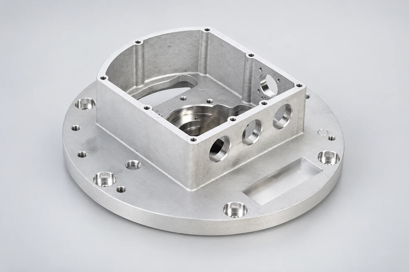 Open-box housing geometry with a mounting flange.