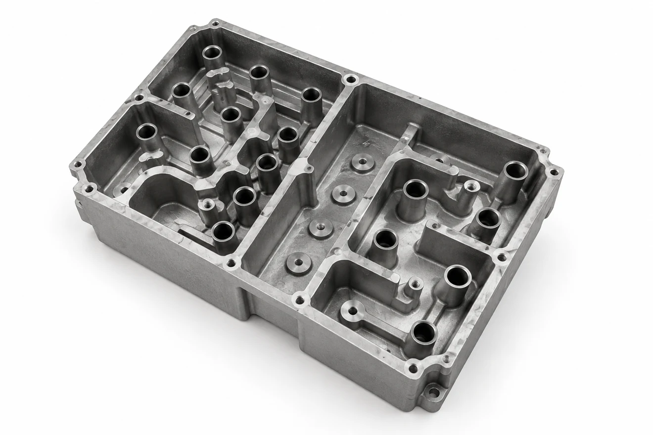 Open compartmented form with a broad mounting boundary.