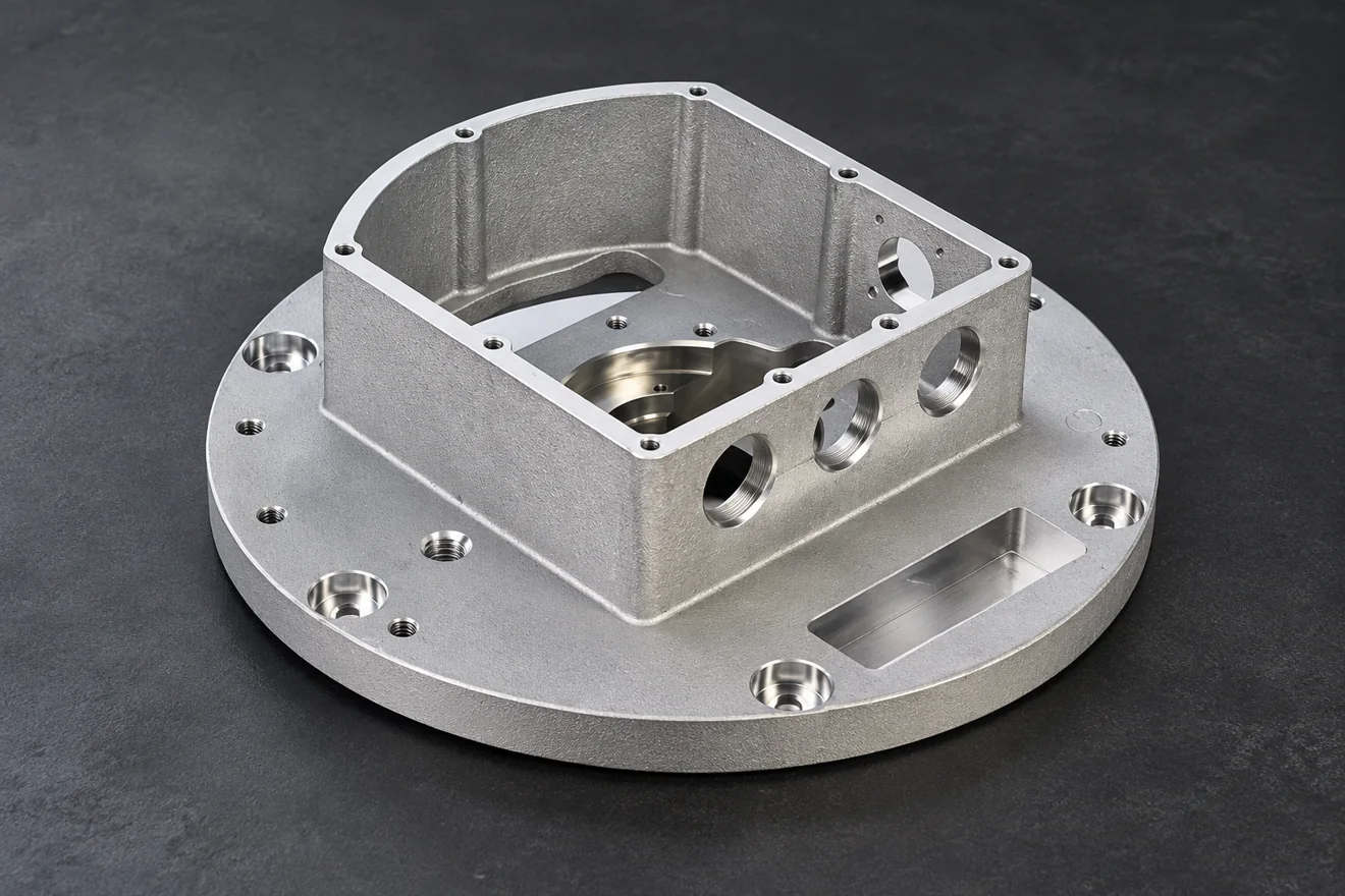 flanged open-box housing illustration. An enclosure illustrates a different final machining and assembly interface.