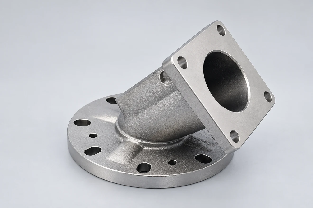 Angled flanged form with separate connection ends.