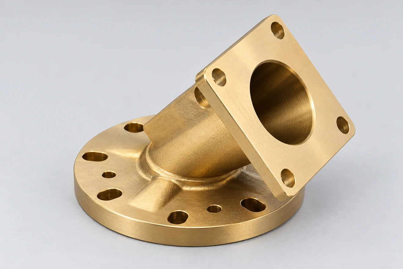 angled flanged neck illustration. A flanged neck illustrates a different connection geometry; the brass alloy follows the order.