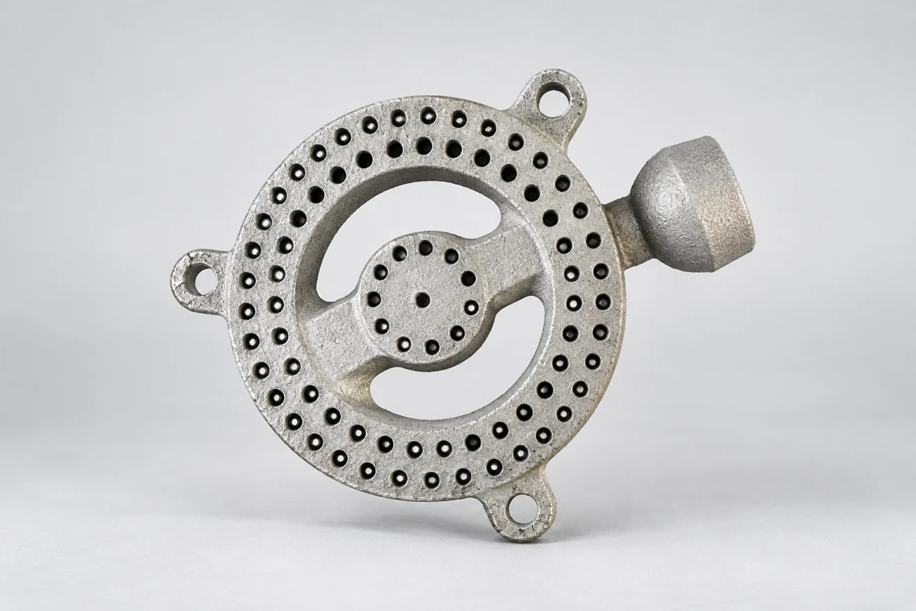 A perforated circular component has several distributed mounting regions.