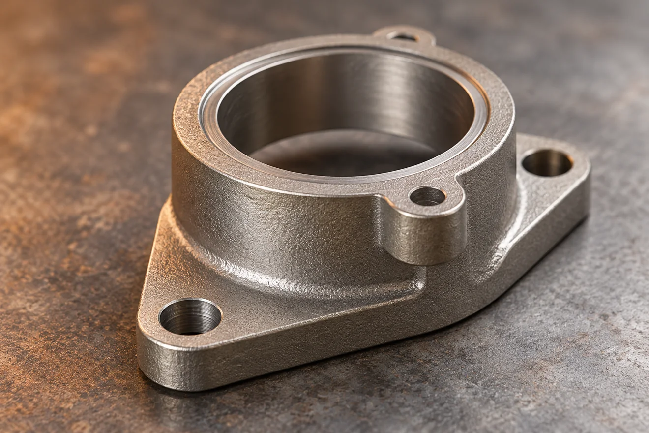 Circular flanged body with a central bore and side fixing points