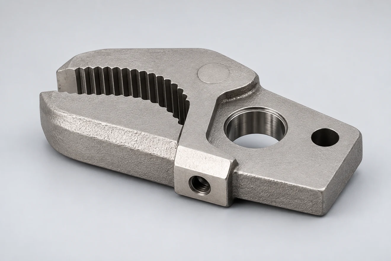Clevis-like bracket with a loaded arm and bore region.