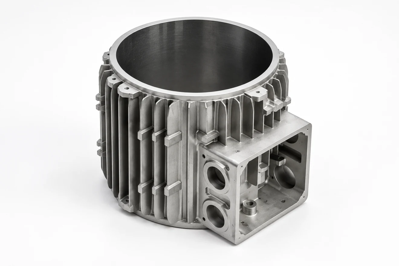 ribbed cylindrical housing illustration. A ribbed housing illustrates a distinct casting and machining task.