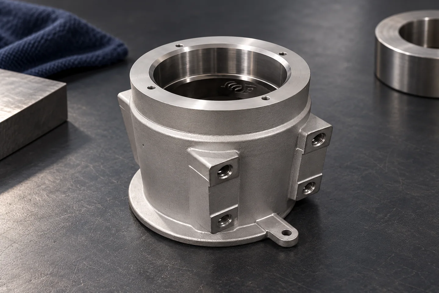 AI illustration of a cylindrical catalogue casting with a top flange and mounting lugs