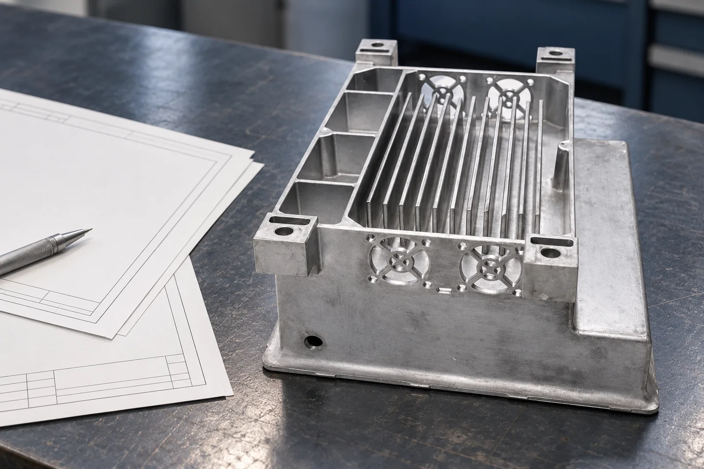 AI illustration of a finned reference component beside blank assembly-review sheets