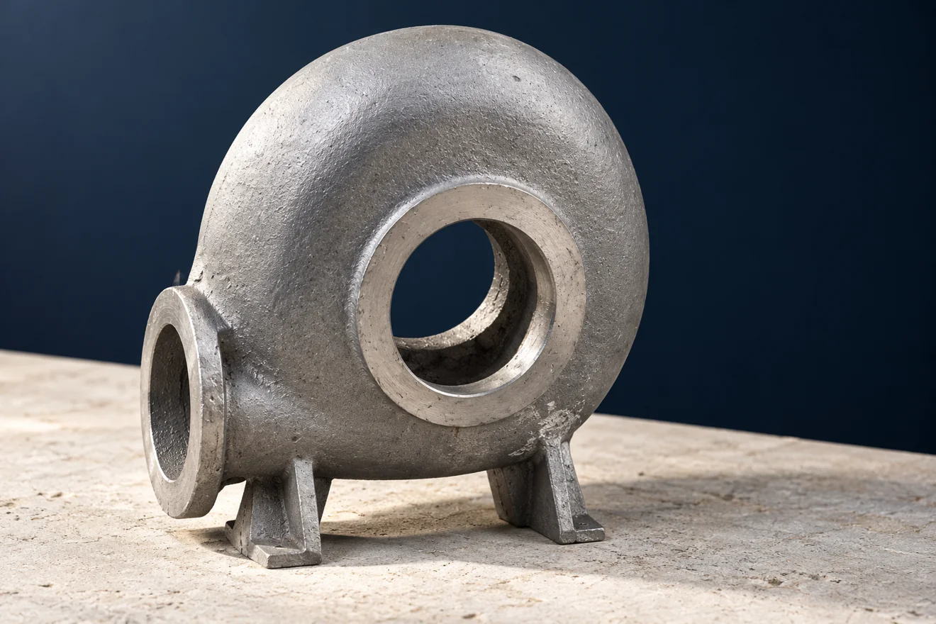 Volute-style housing with a central bore and mounting feet