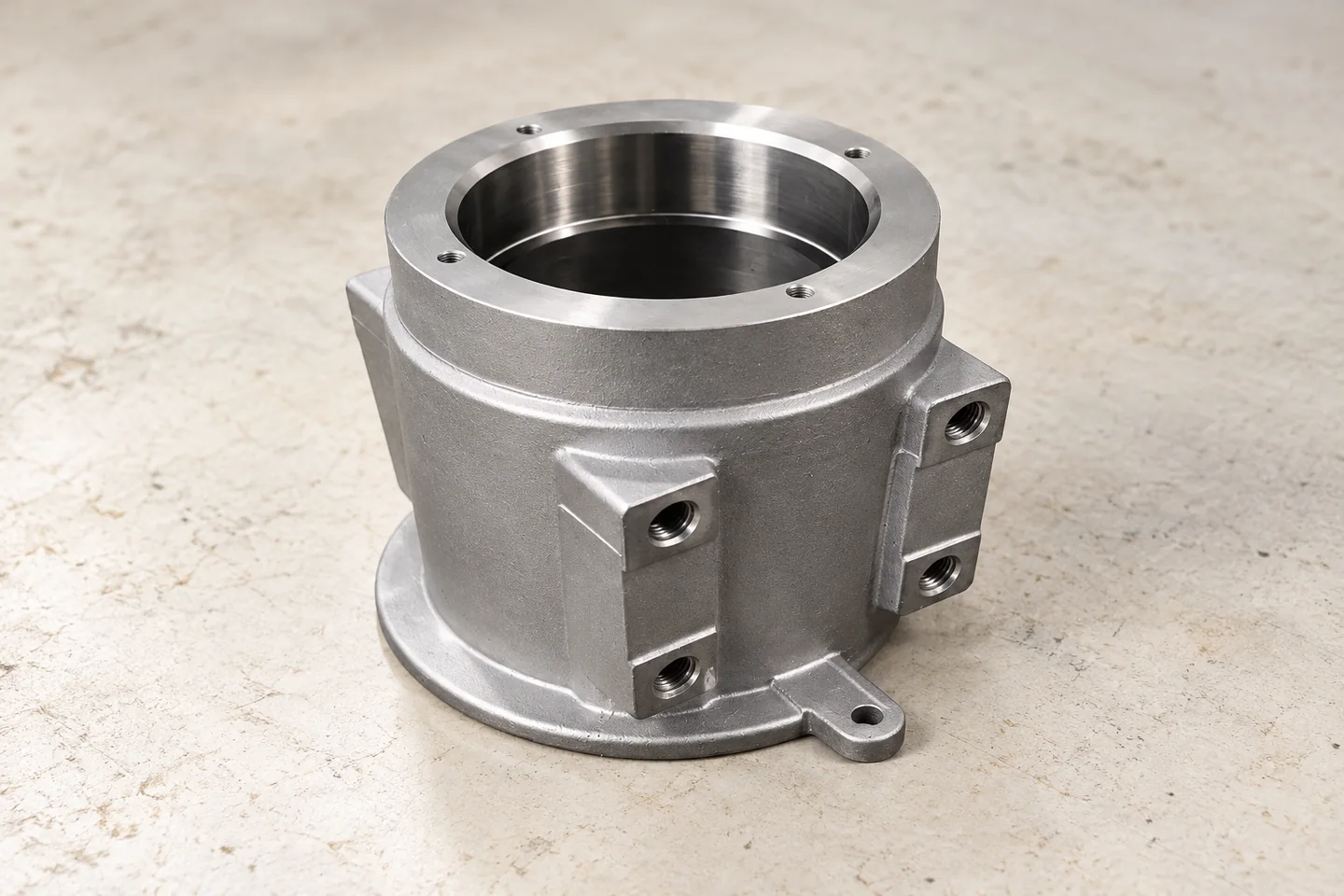 Cylindrical housing form with lugs, a flange and central opening.
