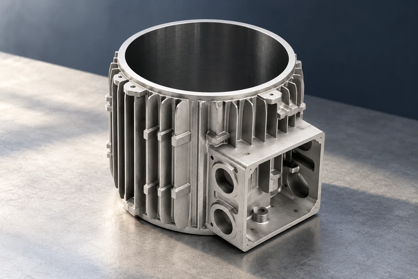 Ribbed housing with an opening and side enclosure.
