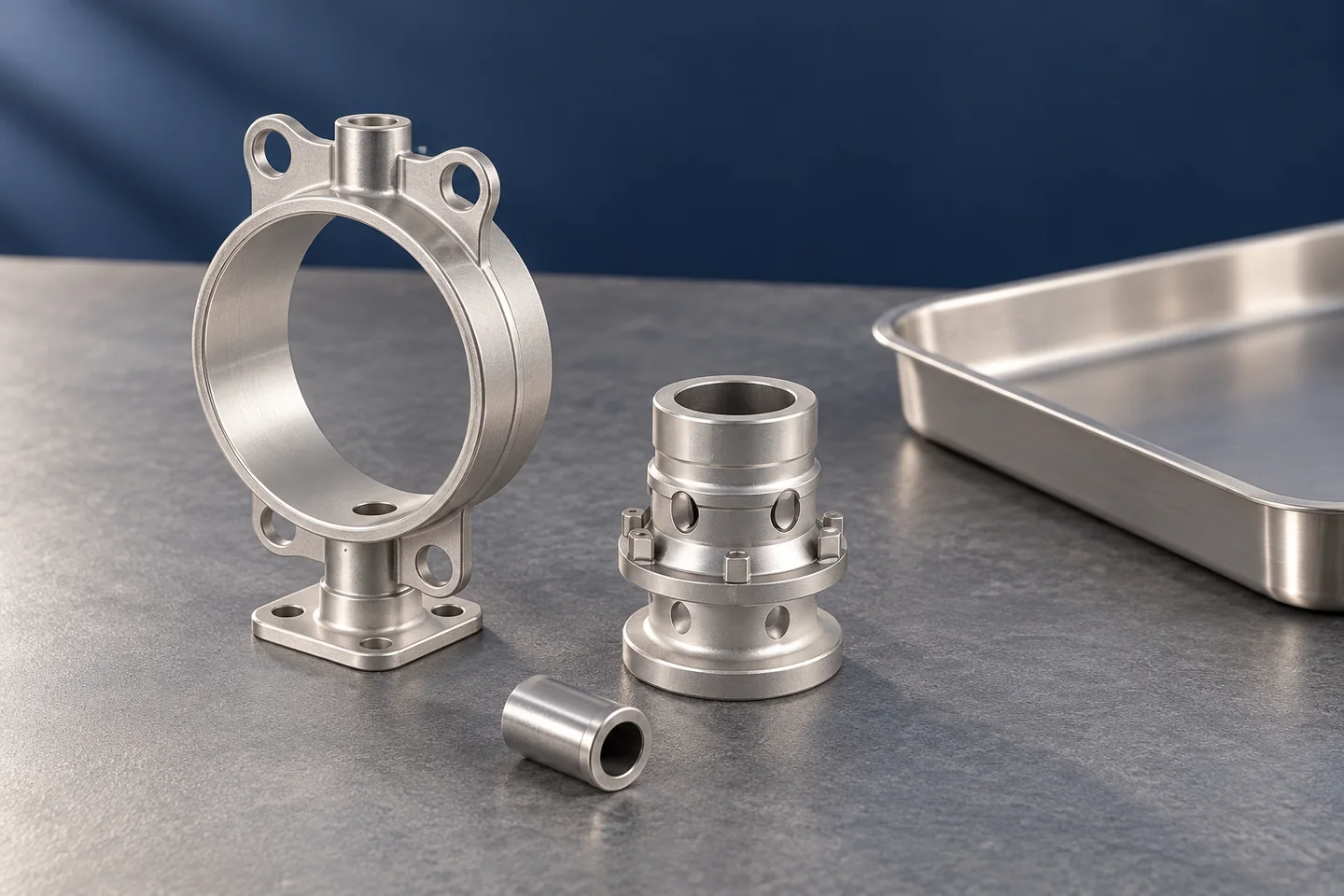AI illustration of reference cast parts beside an unmarked sample-review tray