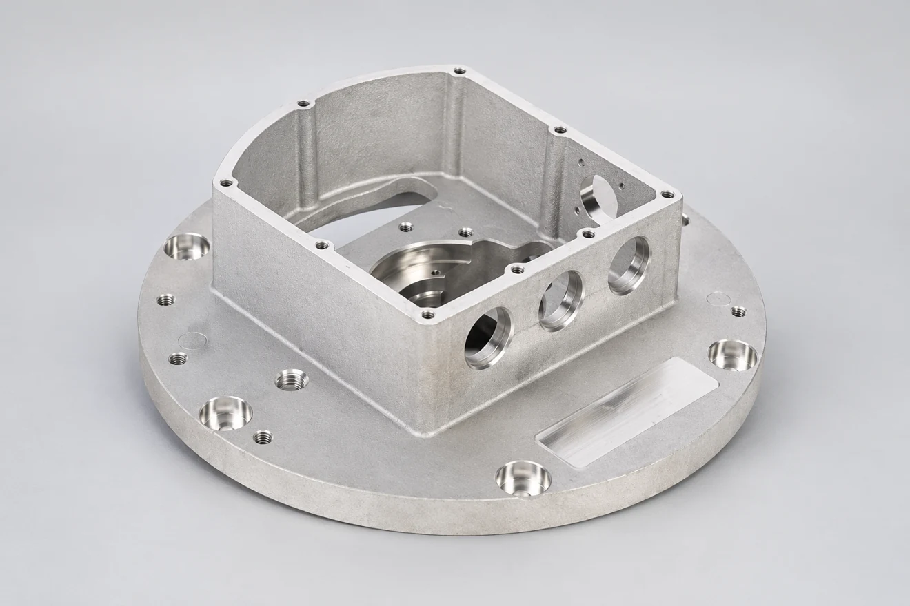 flanged open-box housing illustration. A different enclosure geometry illustrates small-batch tooling and setup needs.