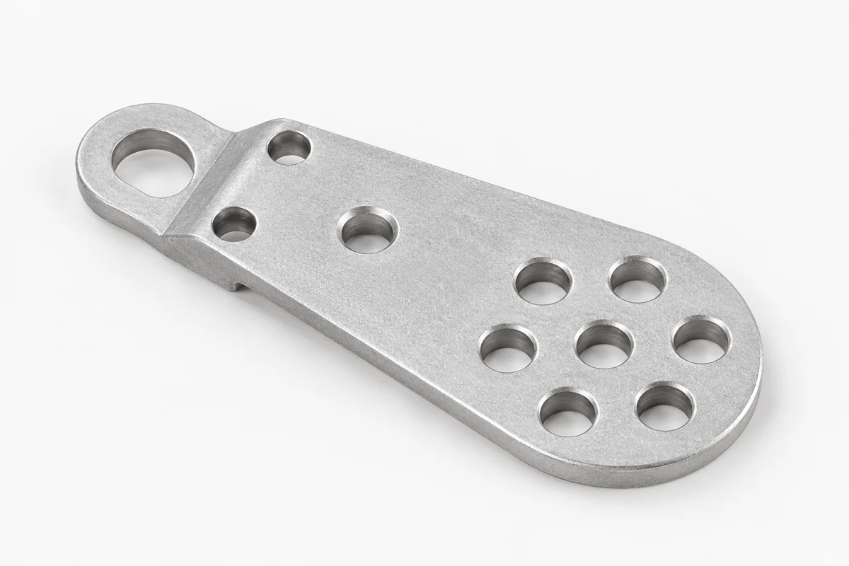 Flat eye-ended mounting plate with a rounded perforated end and several fixing holes