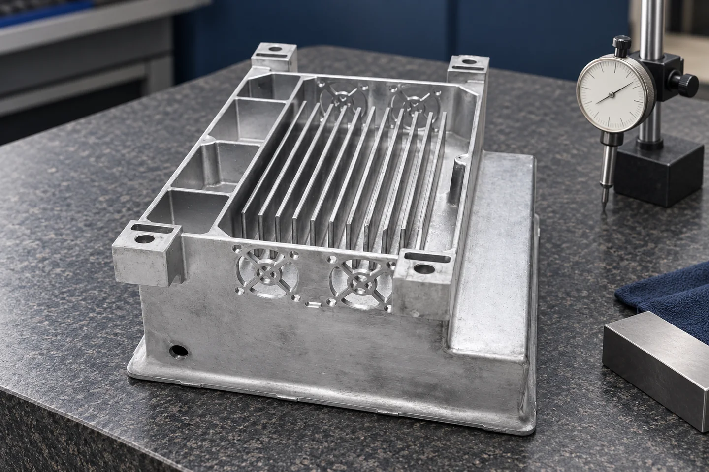 AI illustration of a reference casting on an inspection surface beside an idle gauge