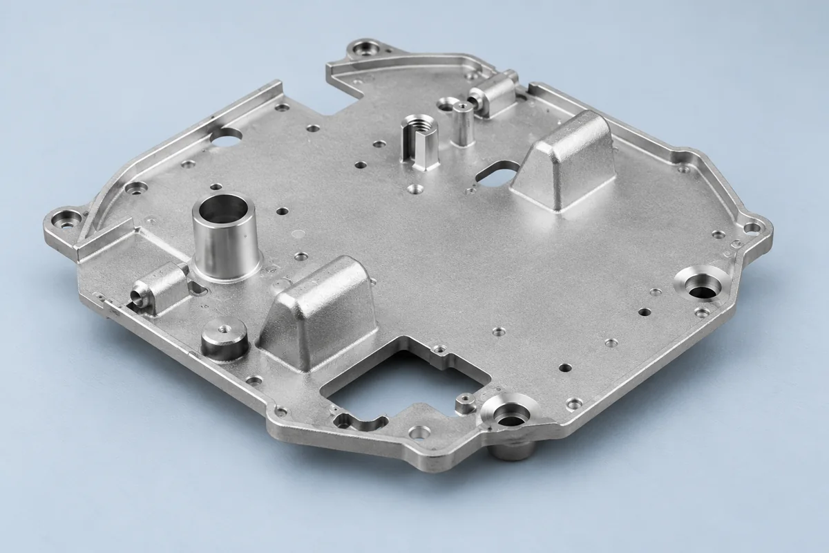 A bossed plate provides a contrasting body for surface and cleanup review.