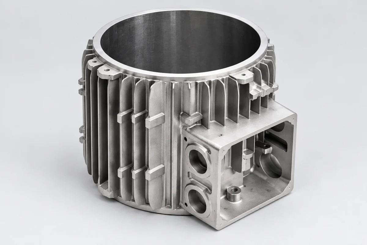 Open cylindrical housing with cooling ribs and a projecting side chamber