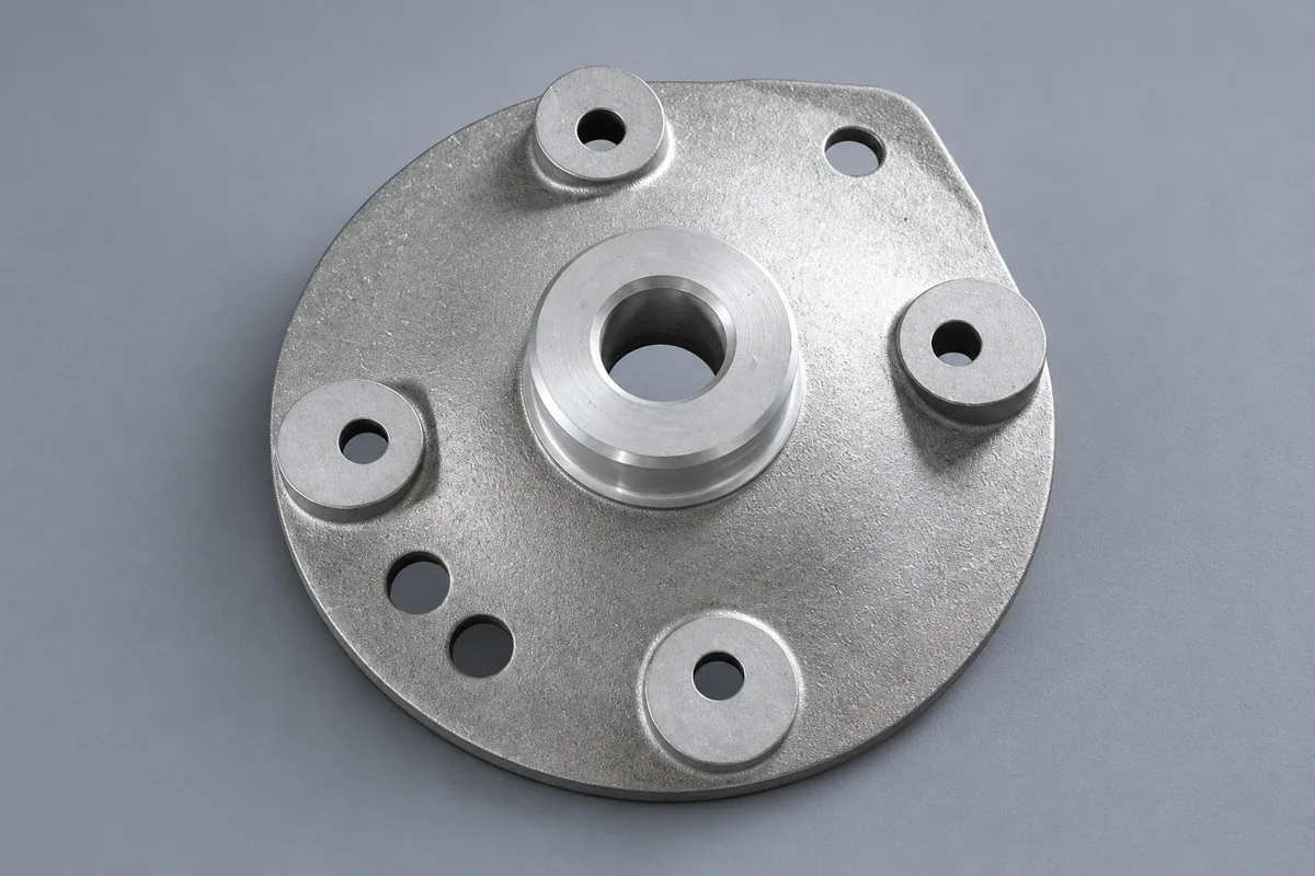 Circular mounting disc with central hub and drilled fixing pads