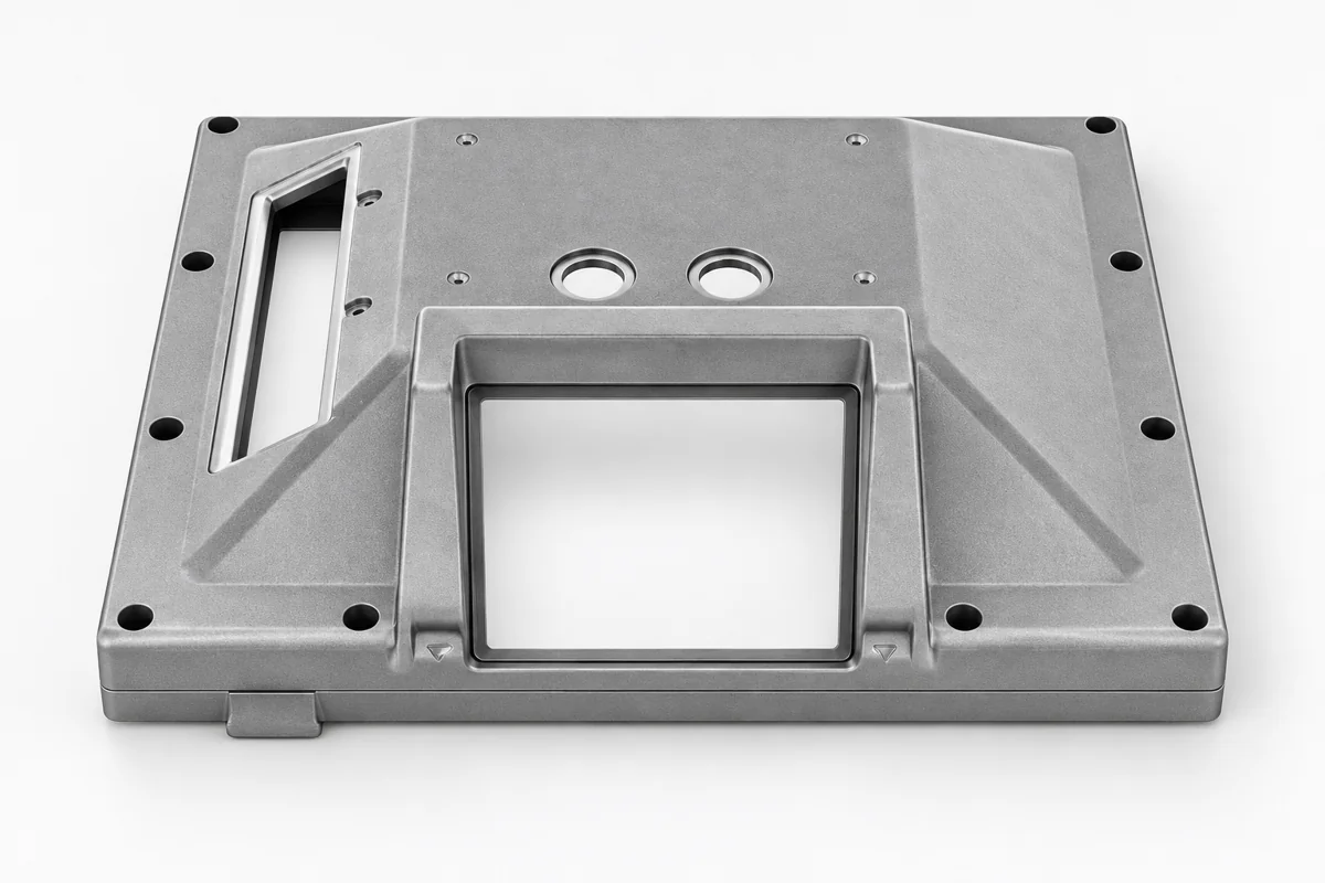 Rectangular equipment panel with a raised square window, long opening and perimeter fixing holes