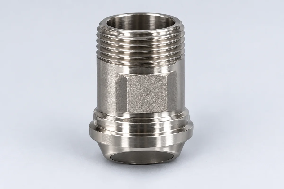 Stepped cylindrical coupling with external thread, wrench flats and a round shoulder