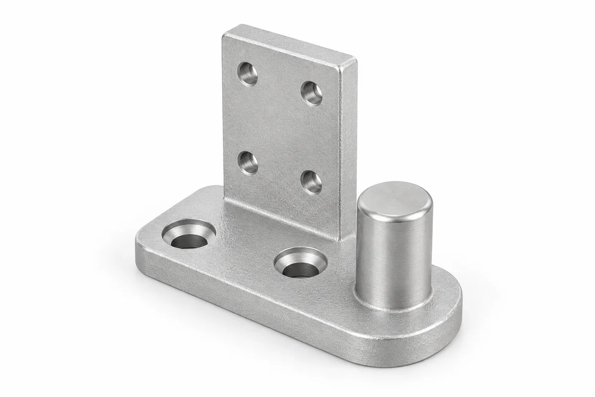 Upright drilled bracket with fixing foot and cylindrical locating pin