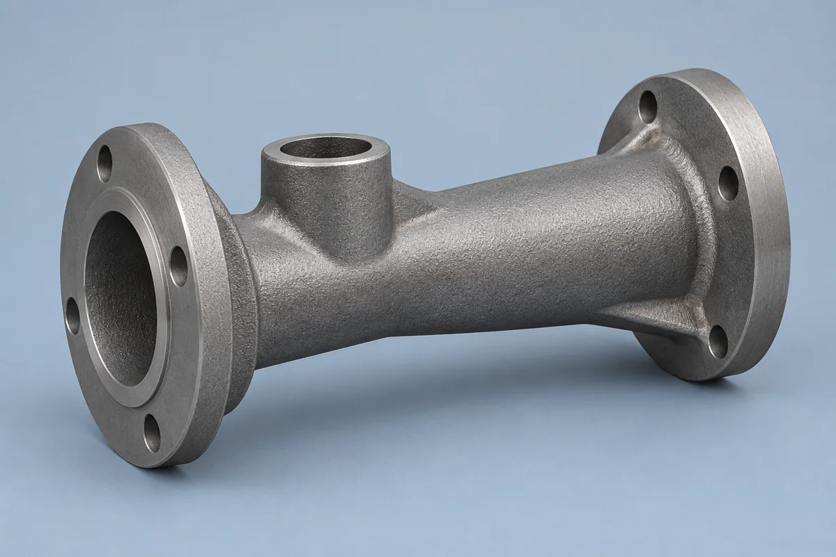 A flanged body links a cast passage with a finished seating contact.