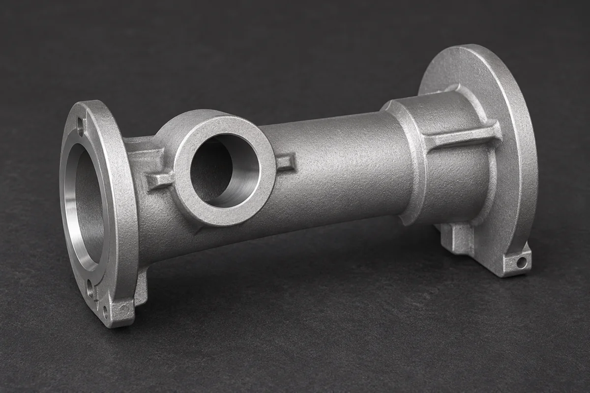 A flanged tubular body relates internal openings to external interfaces.