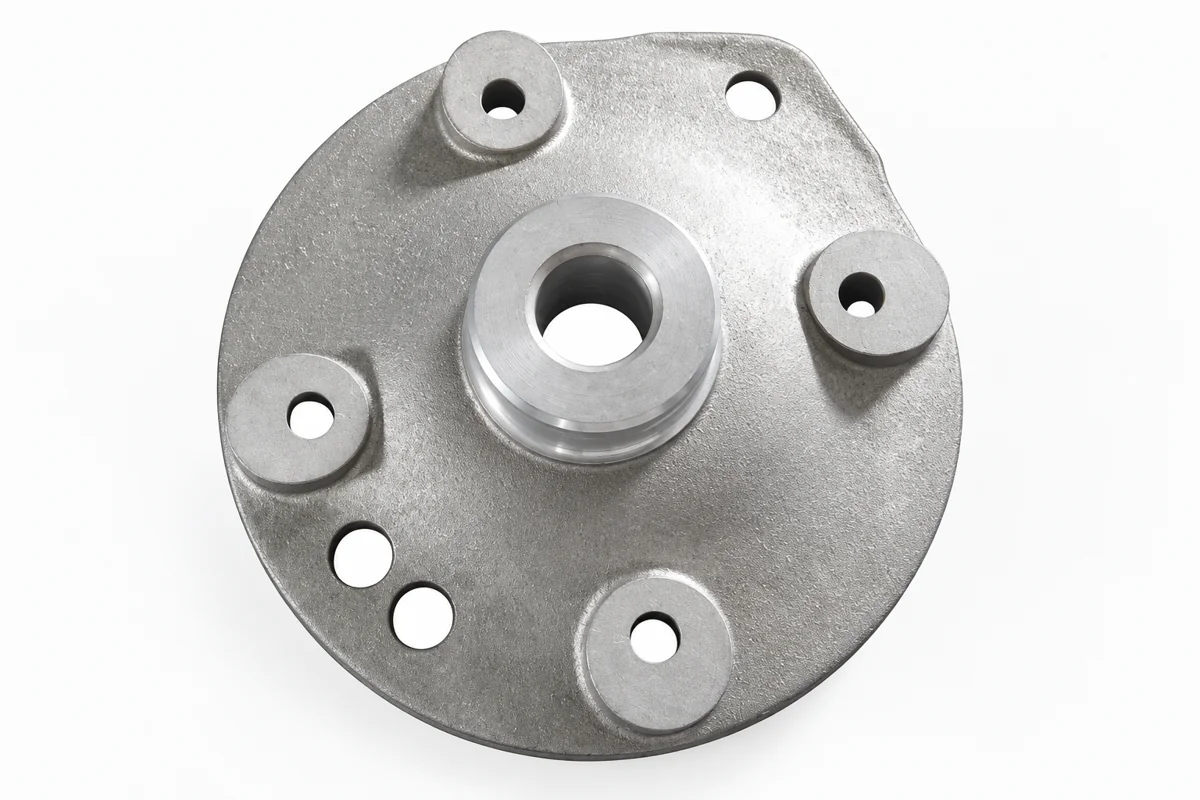 Circular mounting plate with central hub, fixing pads and drilled holes