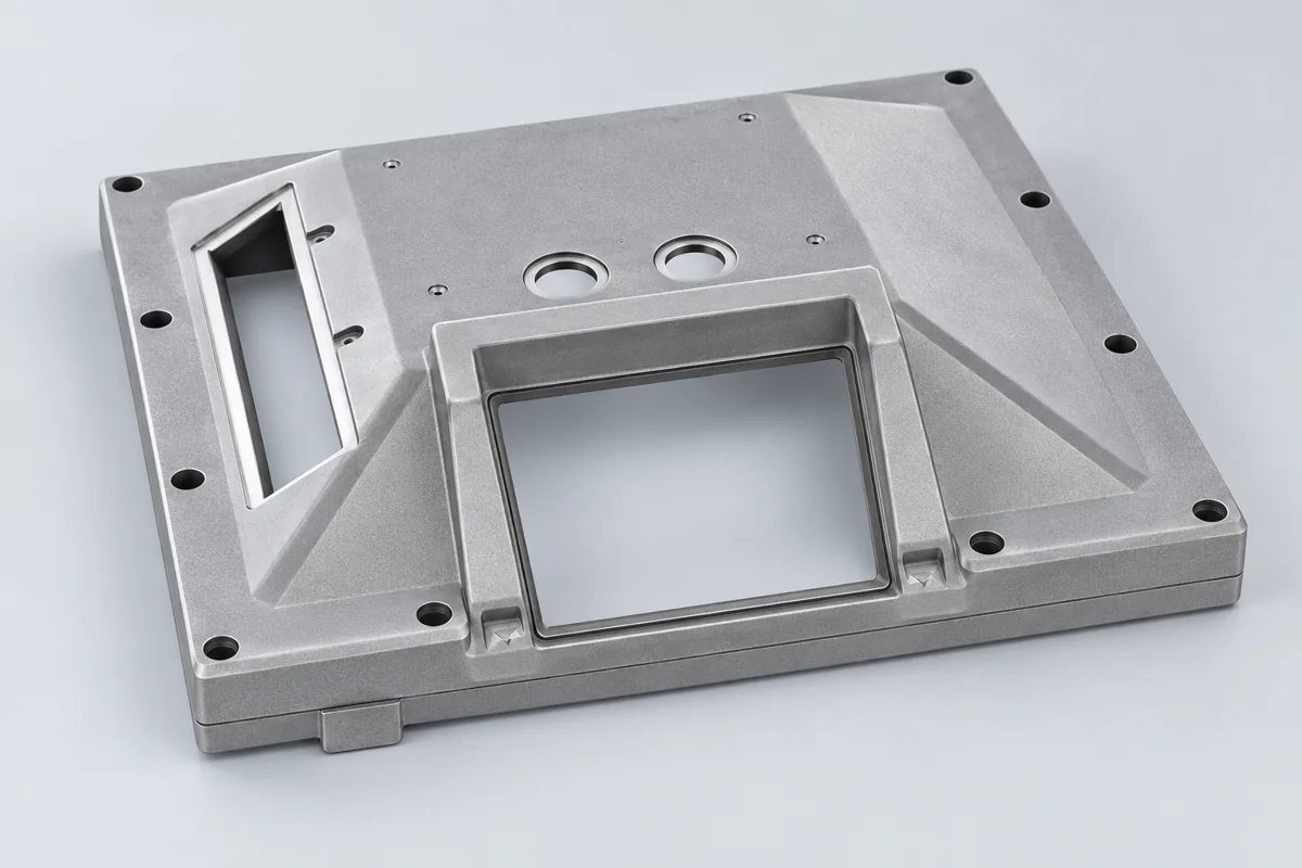 Windowed panel with raised edges, circular openings and perimeter fixing holes