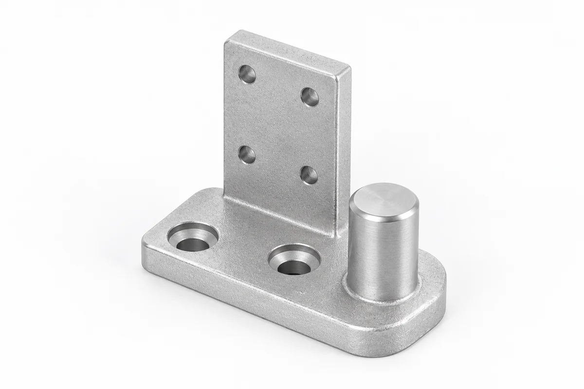 Upright drilled mounting bracket with a cylindrical locating pin on its foot