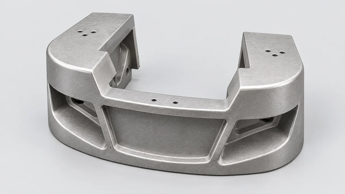Unpainted grey U-shaped equipment body with curved outer wall and recessed side regions