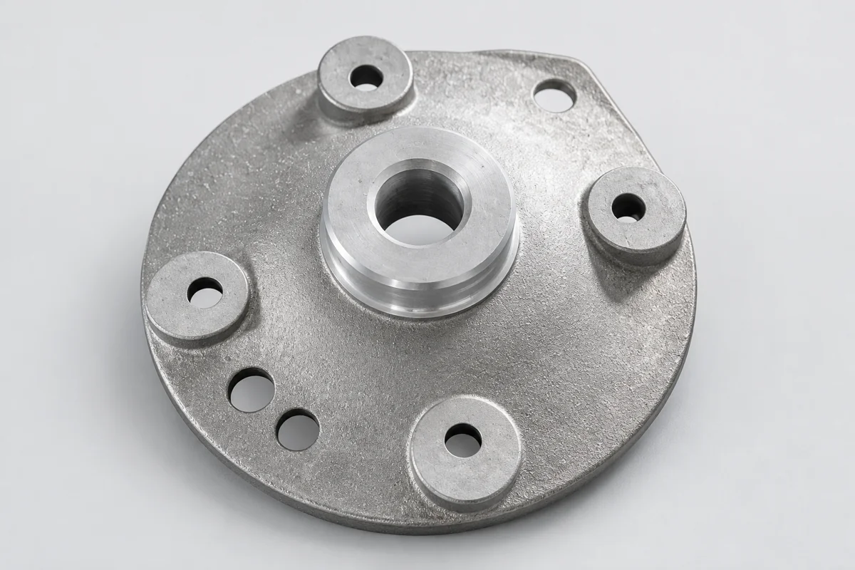 Mounting disc with central boss and raised drilled pads