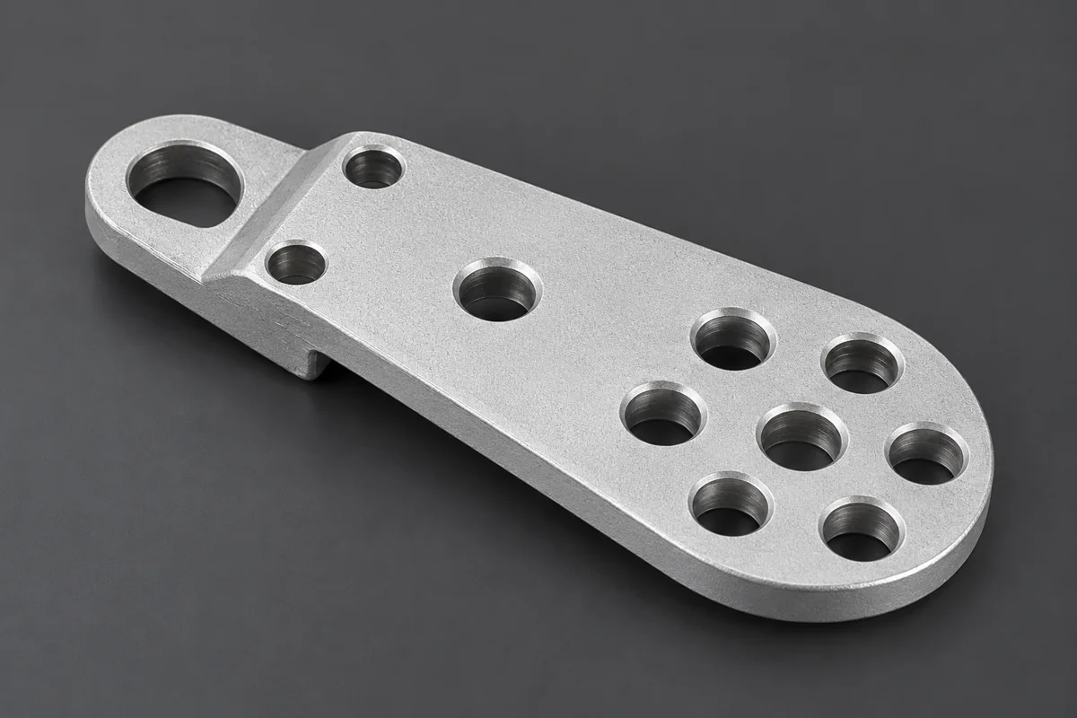 Eye-ended plate with several fixing holes and a rounded end