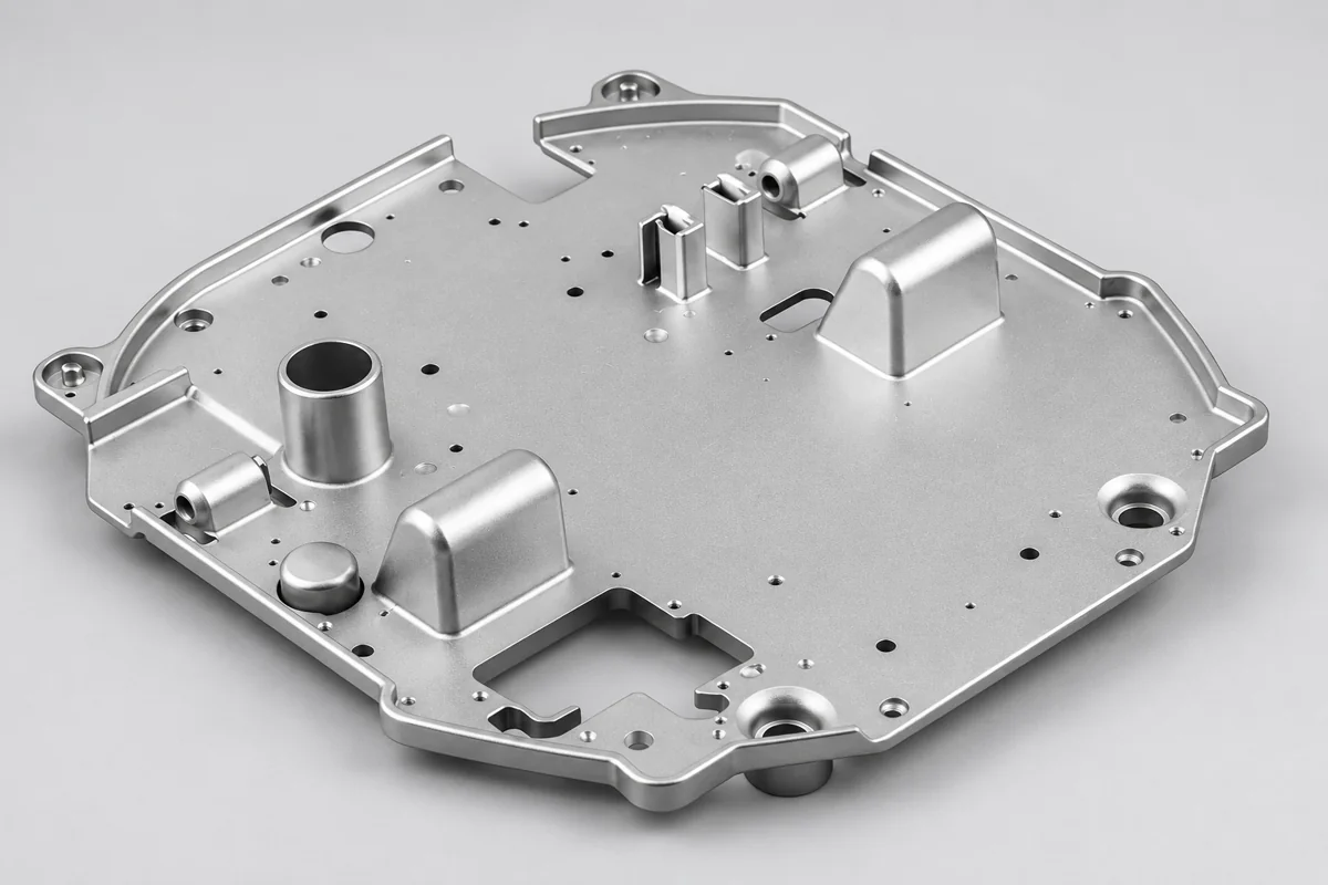 A bossed plate adds raised features to a broad supported region.