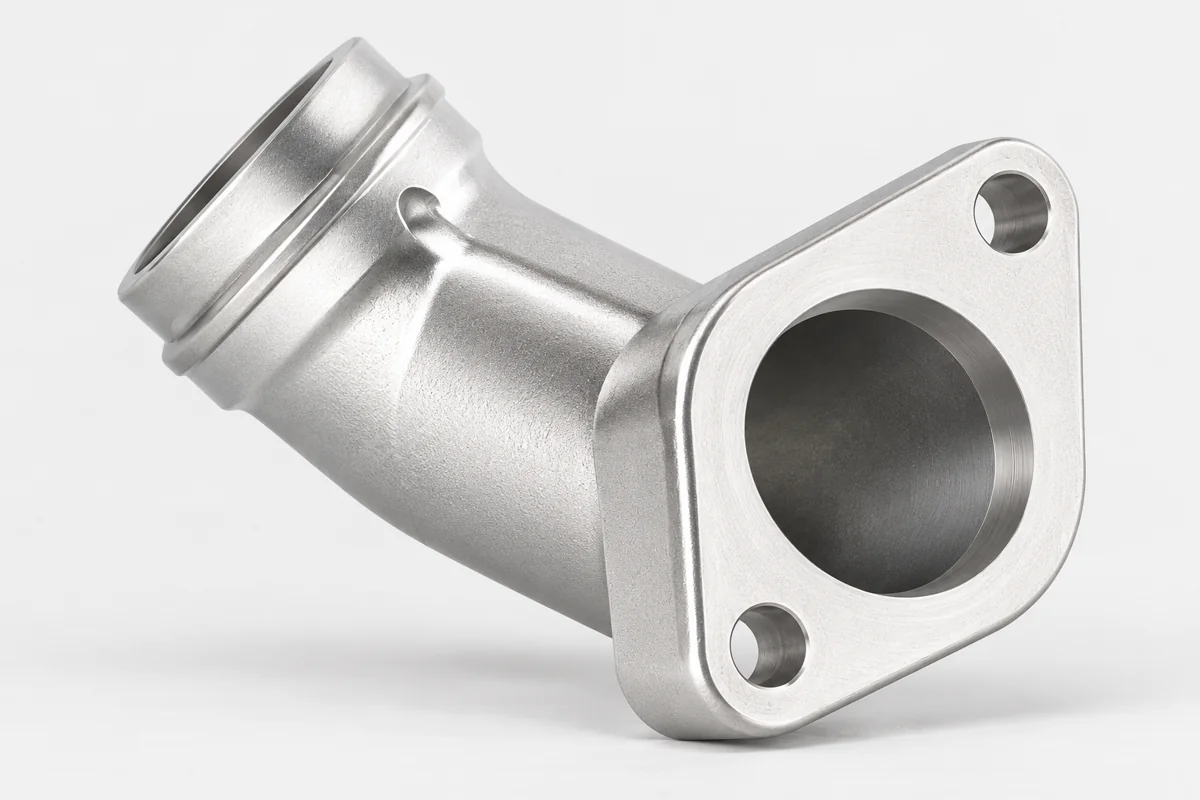 Angled connector with a two-hole flange and cylindrical neck