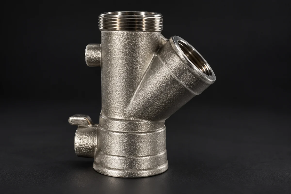 Y-shaped hollow fitting with an angled branch and threaded openings