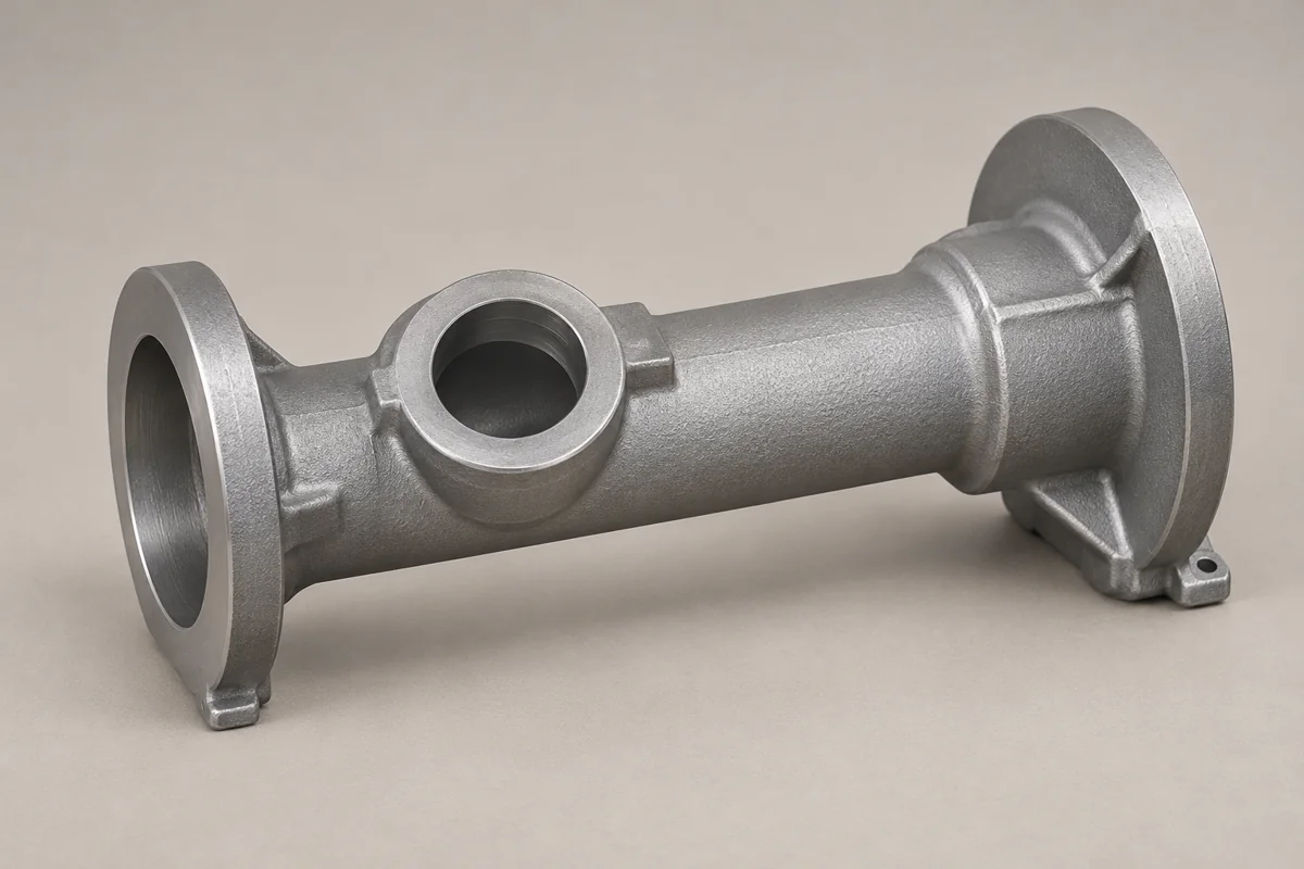 A flanged tubular body presents end and side access routes.