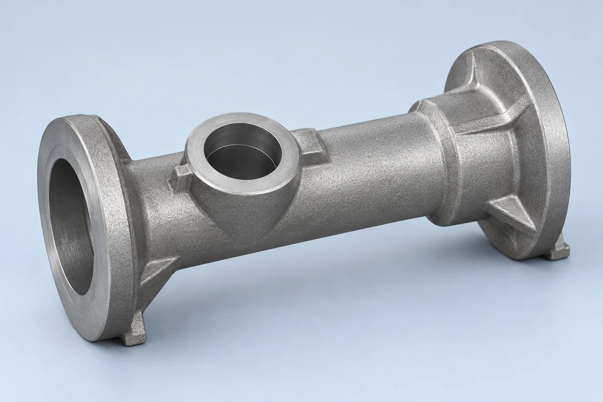 Hollow spool-shaped body with end flanges and a central side opening