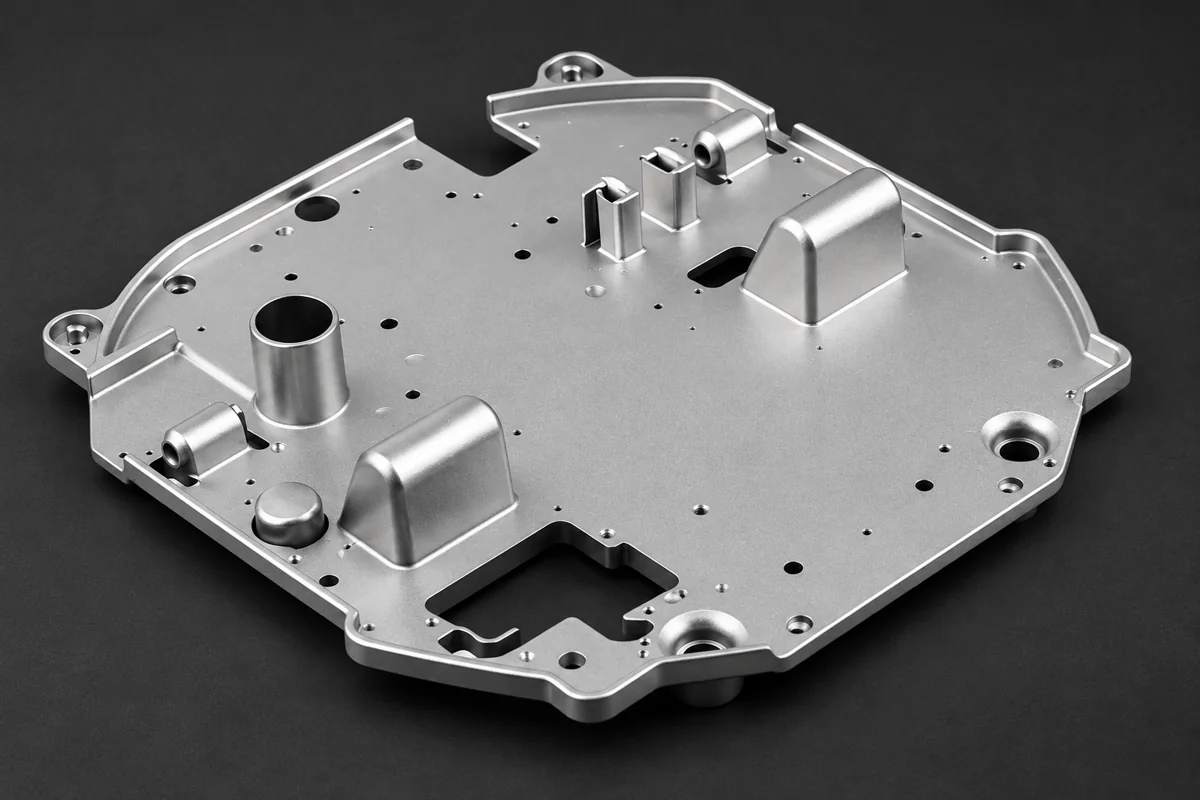 Raised bosses and pads interrupt the broad plate surface.