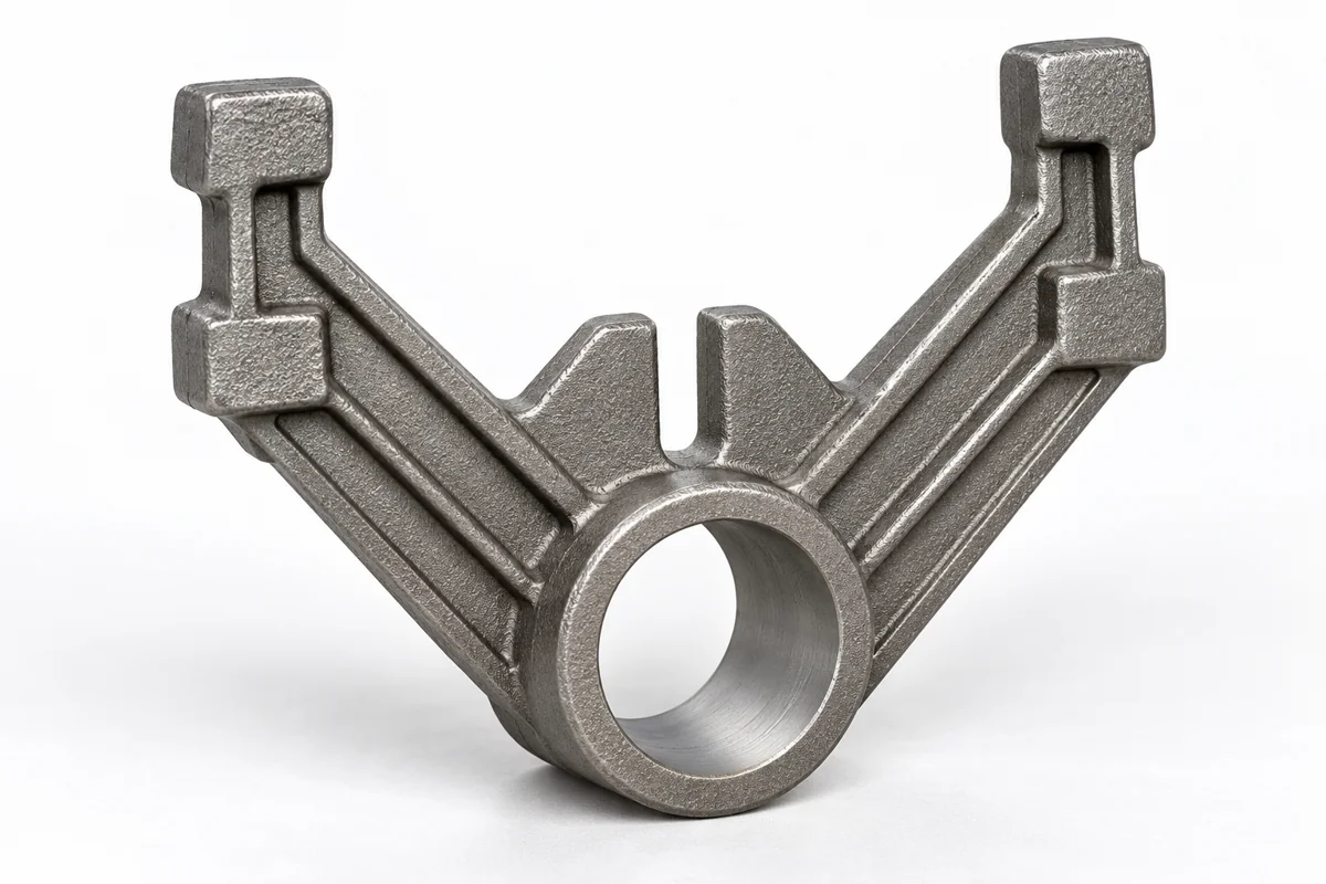 Ribbed fork-shaped support with raised arms and central bore