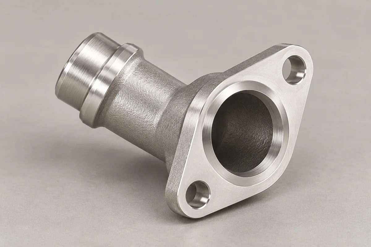 A short flanged connector links the cast flow path to a finished seating face.