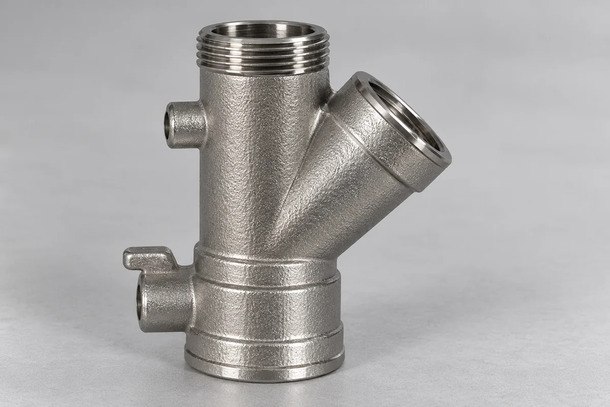 Cast Y-shaped fitting body with an angled branch and threaded cylindrical connection