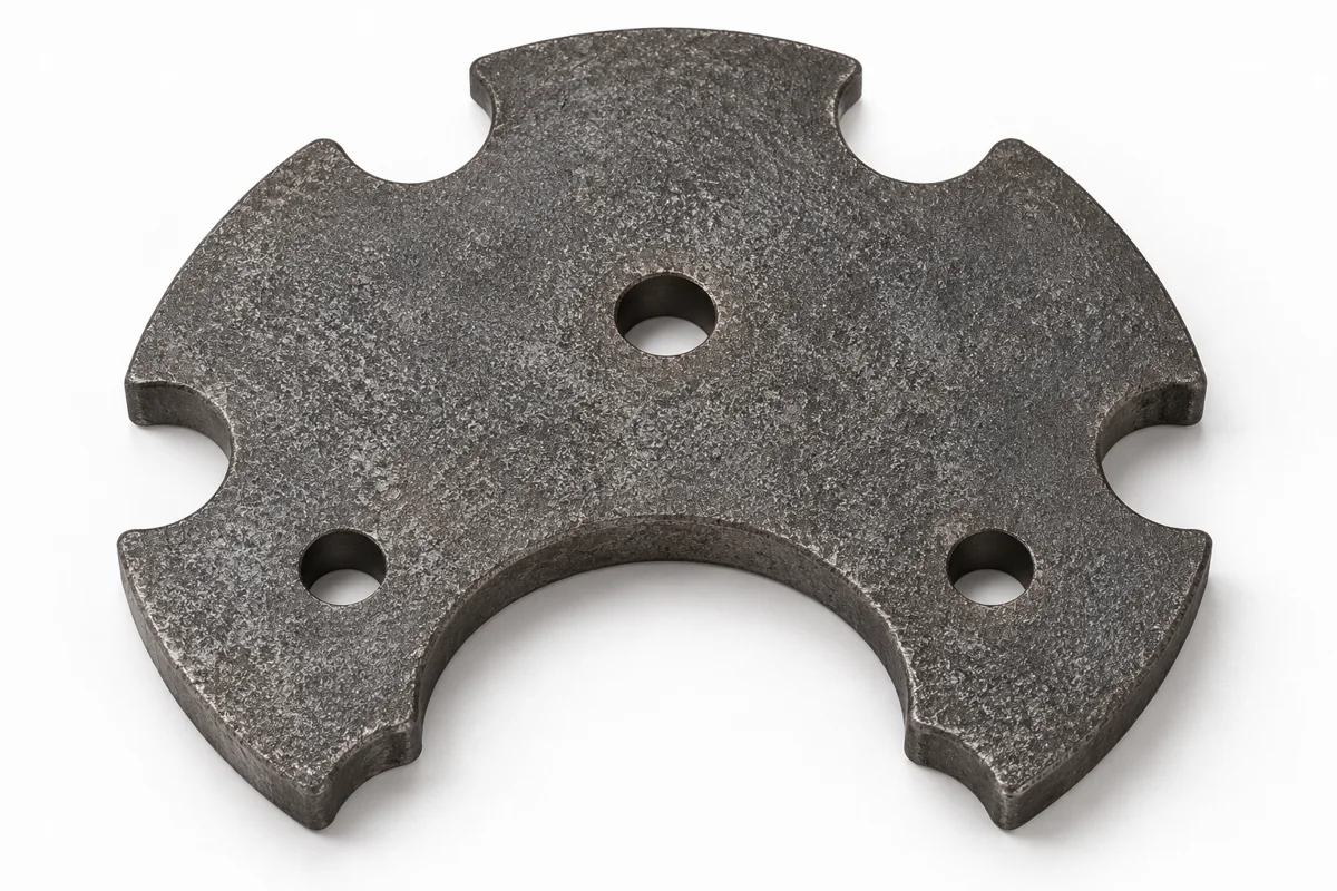 A notched plate contrasts broad faces with a central opening.