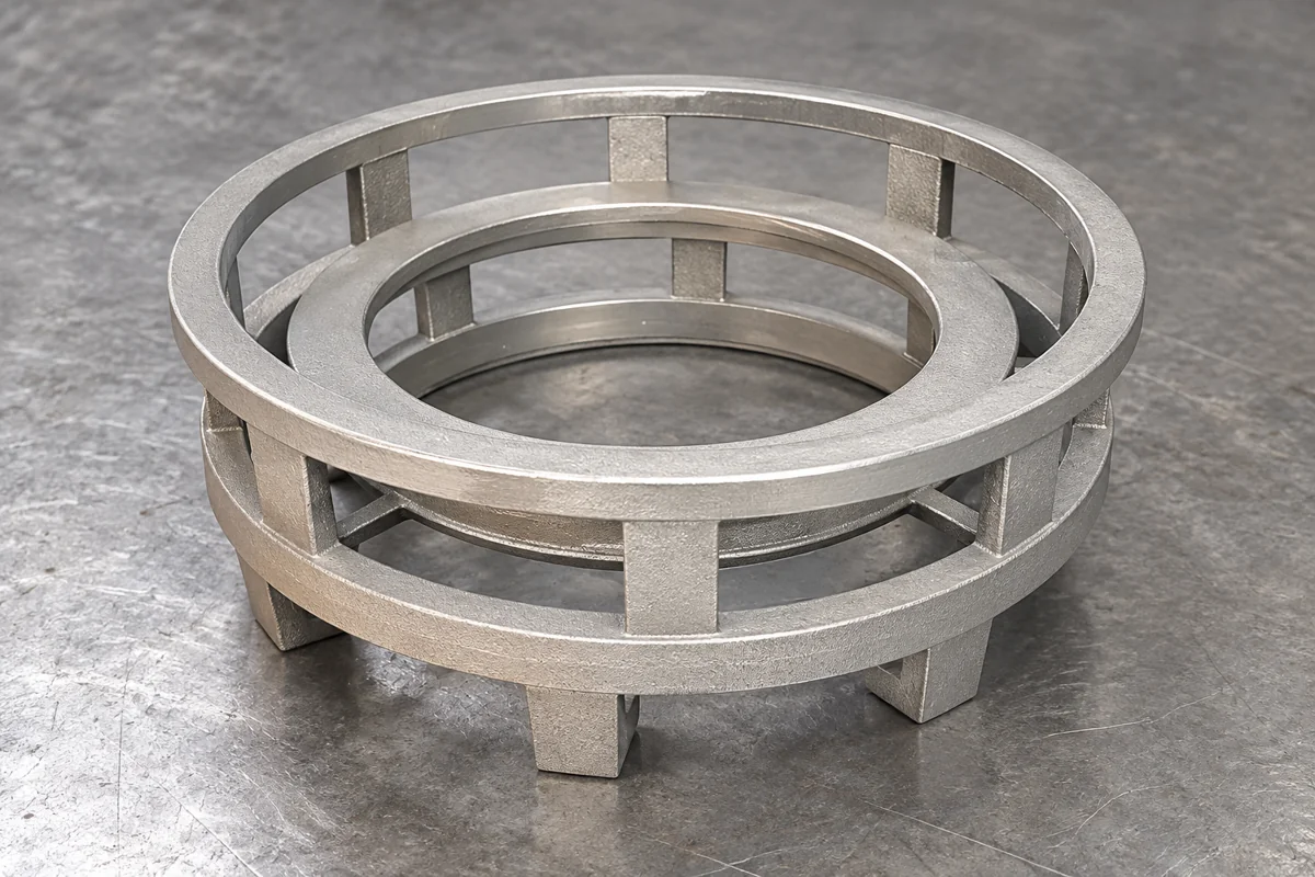 Open cylindrical frame with horizontal bands, rectangular windows and supporting feet
