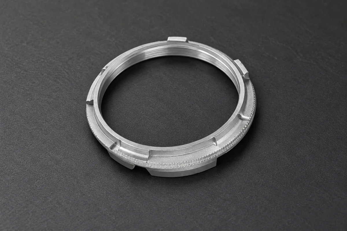 Thin circular retaining ring with outer locating lugs