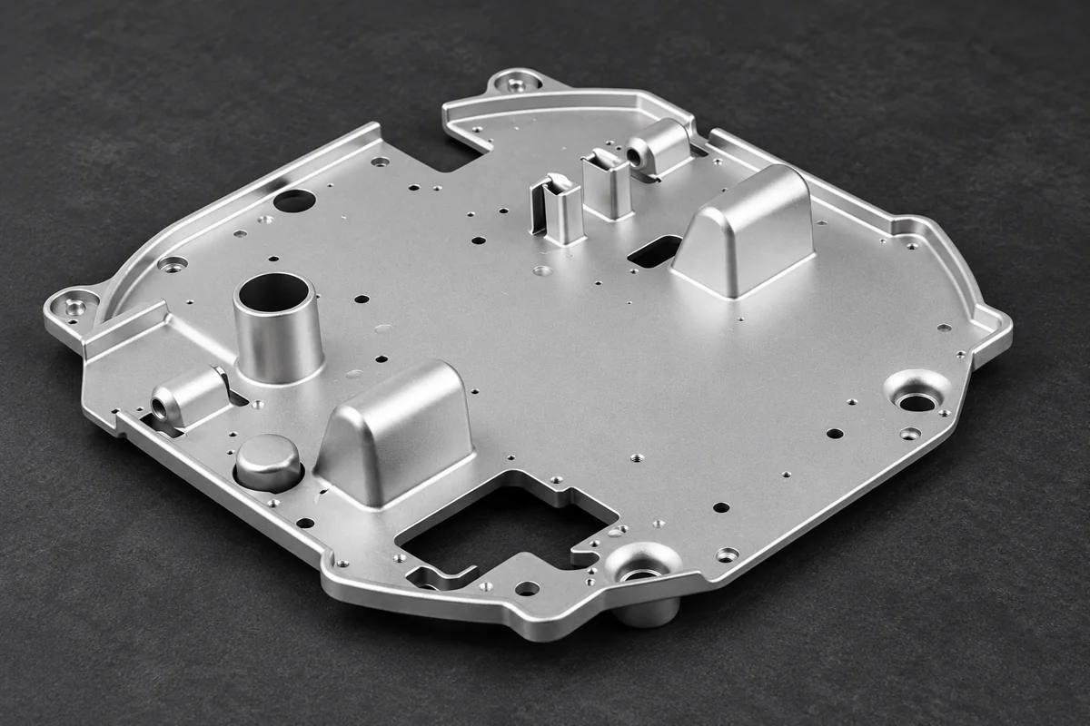 Broad shallow plate with raised bosses and perimeter fixing ears