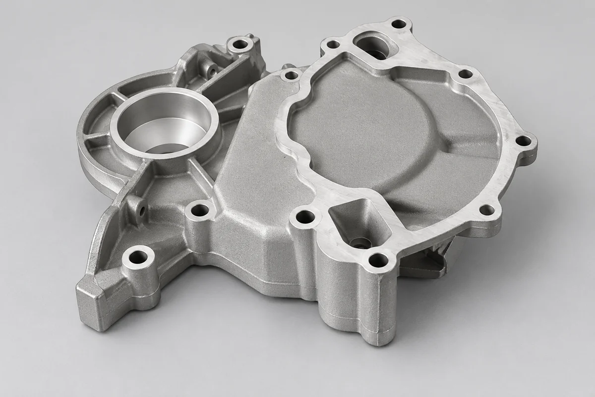 Asymmetric shallow housing cover with a circular bore and a broad recessed chamber