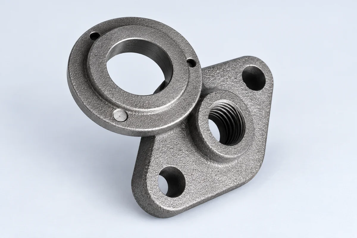 Angled connector with a collar and two-hole mounting flange